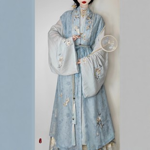 原创汉服女【万袖明宋-白茶清欢】明制长比甲立领衫蓝色套装秋款