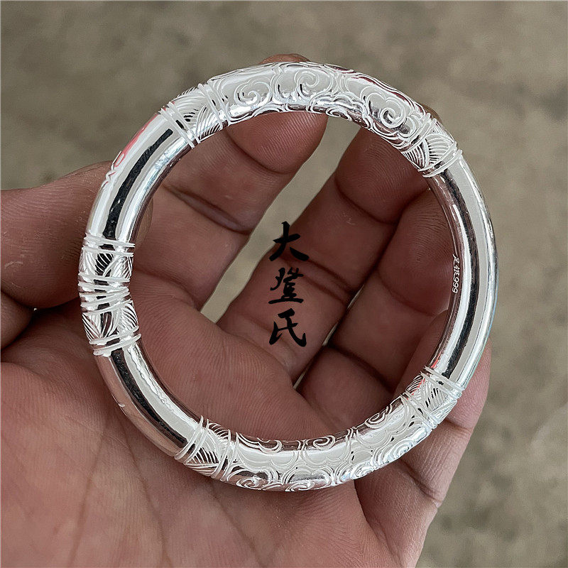 手工原创 云南999足银雪花银手镯 古法传承抛光素银男女实心开口