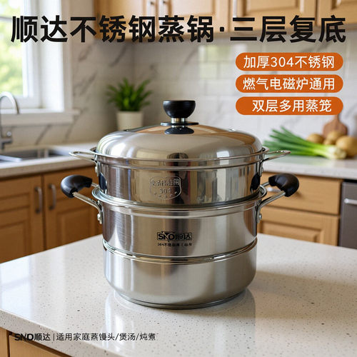 顺达304不锈钢多层蒸锅家用蒸煮锅加厚炖锅汤锅电磁炉燃气灶通用