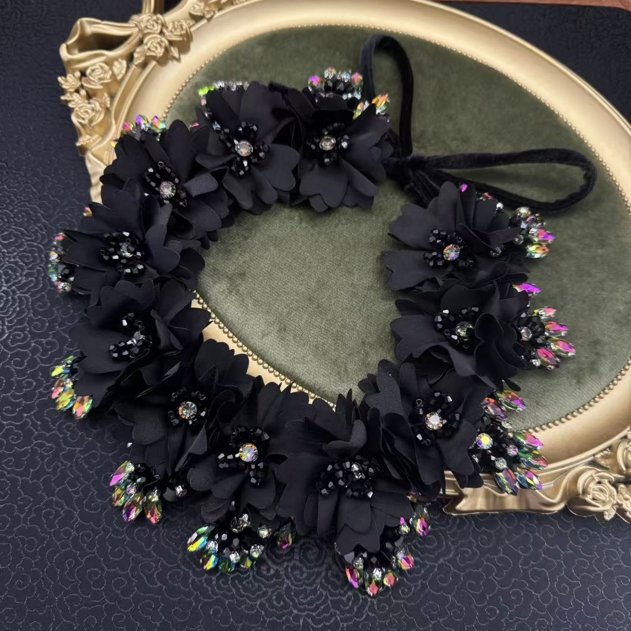 精致立体繁绮花朵水钻气质女人绑带款假领子AZ996