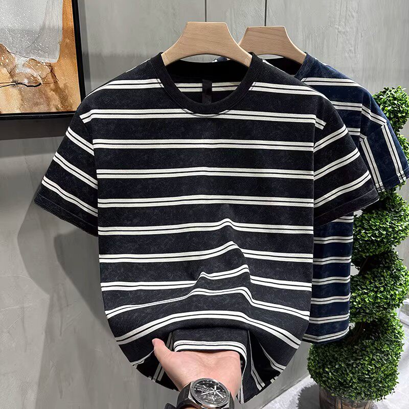 2026夏季新款设计感条纹短袖T恤男潮流扎染宽松韩版休闲棉质上衣