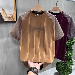 美式复古撞色拼接插肩袖T恤男夏季水洗扎染宽松圆领短袖潮流上衣