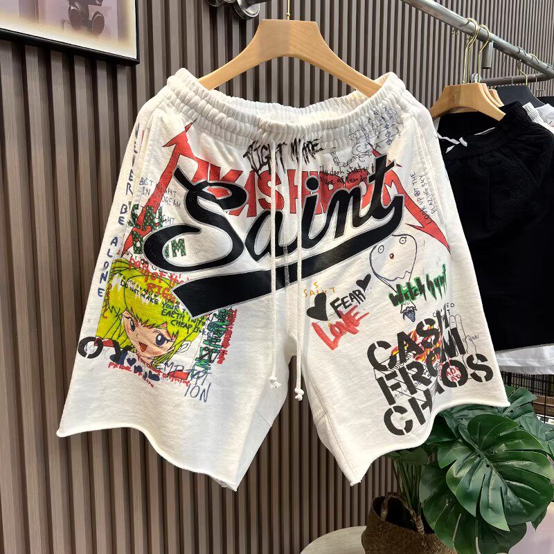 美式嘻哈风卡通动漫短裤男夏季宽松抽绳松紧腰潮牌休闲五分运动裤