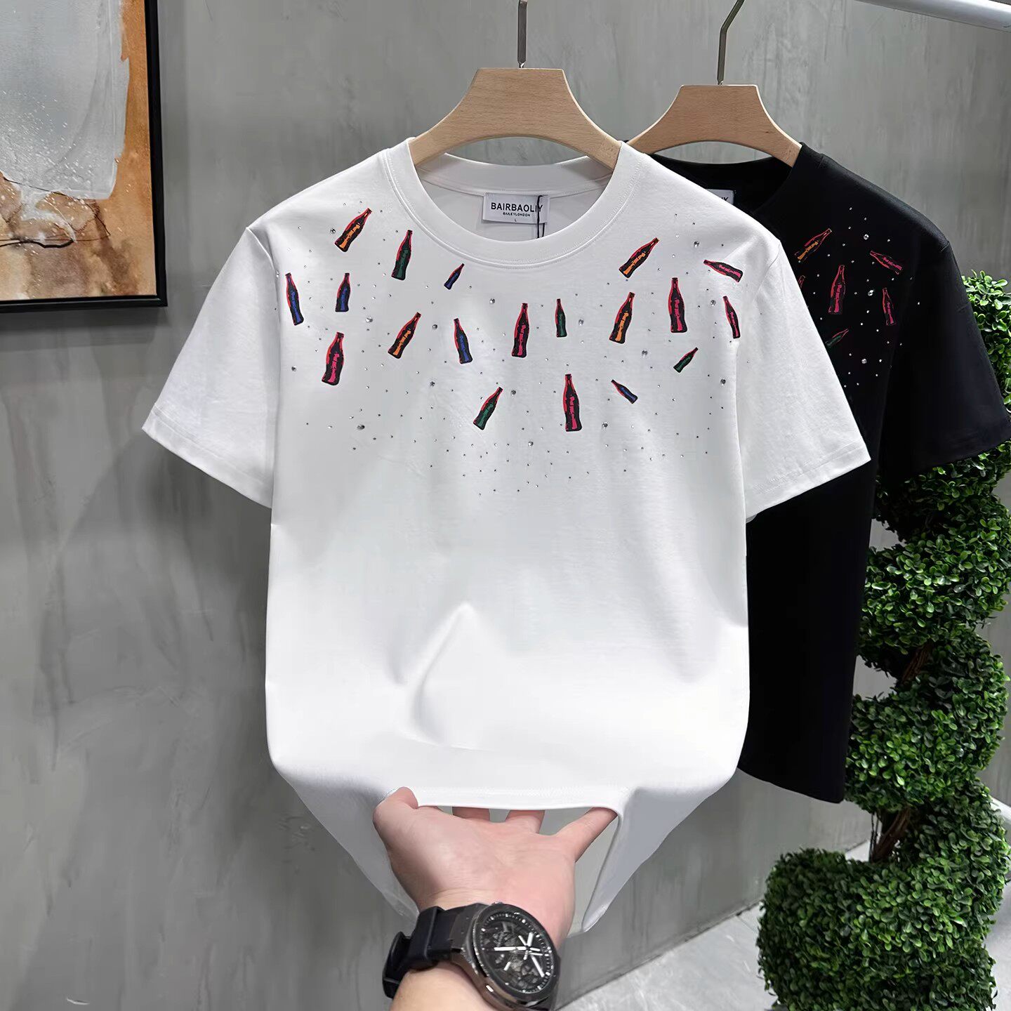 美式重磅烫钻印花短袖T恤男士2026夏季新款宽松休闲圆领纯棉上衣