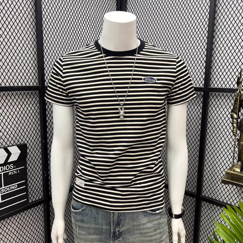 潮流条纹短袖T恤男款修身圆领纯棉体恤男士2026夏季新款帅气上衣