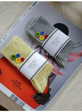 Hiamde日系彩色纽扣长袜女点子纱趣味淡蓝色中筒袜子竖纹质感肌理