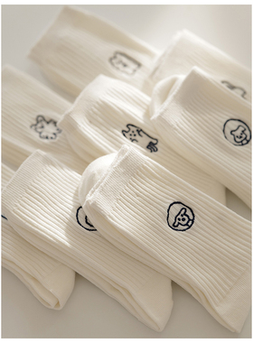 Himade白色袜子夏季棉袜刺绣小熊小狗中筒袜女日系竖条纹动物长袜