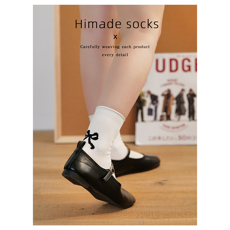 Himade吸湿透气女棉蝴蝶结中筒袜