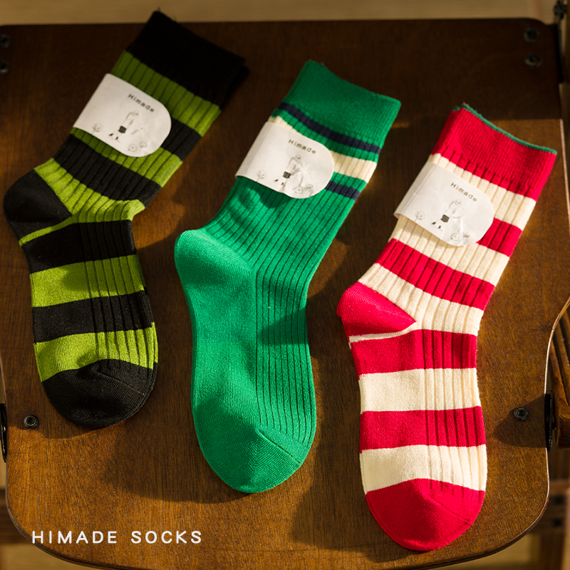 撞色条纹日系复古拼色美式中筒袜