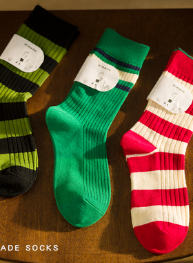 Himade日系双针黑绿撞色红色条纹情侣潮中筒袜美式拼色春夏堆堆袜