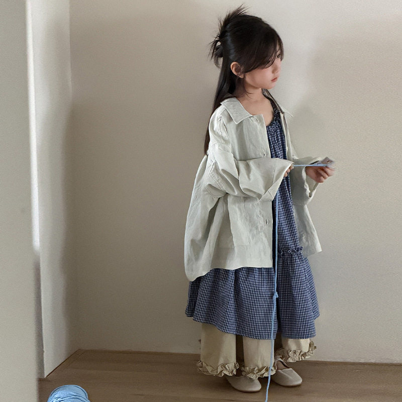 女童格子修身吊带连衣裙休闲宽松衬衫三件套春秋季简约百搭半身裙