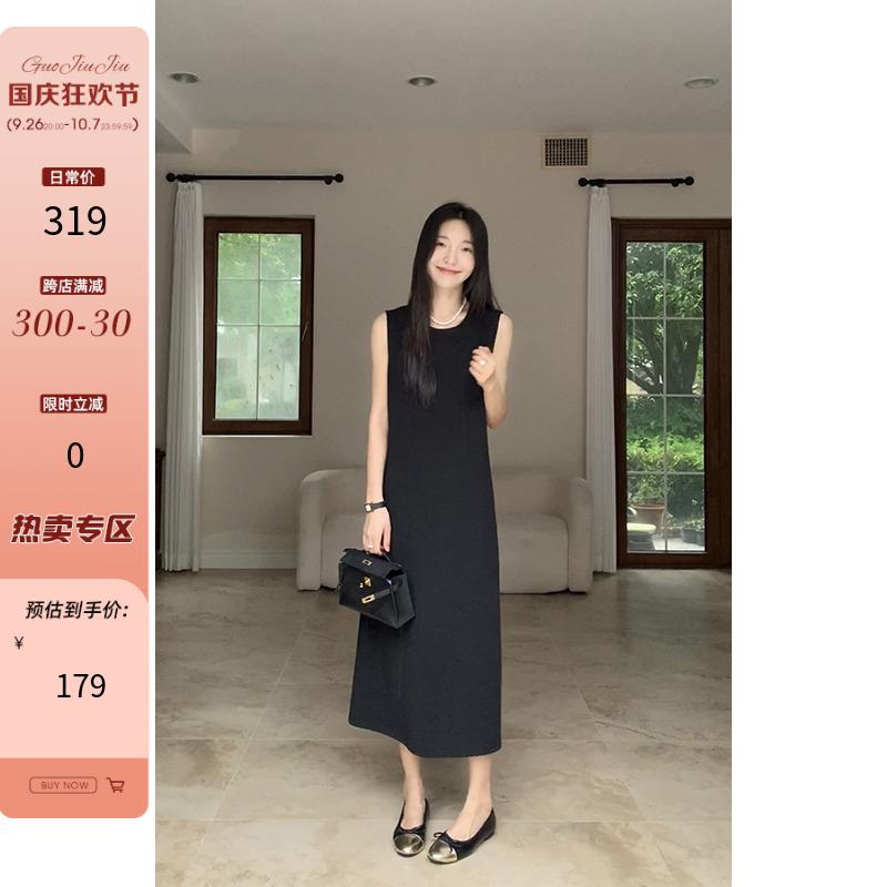 郭九九呢 西装经典赫本风宽松遮肉长款连衣裙女夏百搭显瘦小黑裙