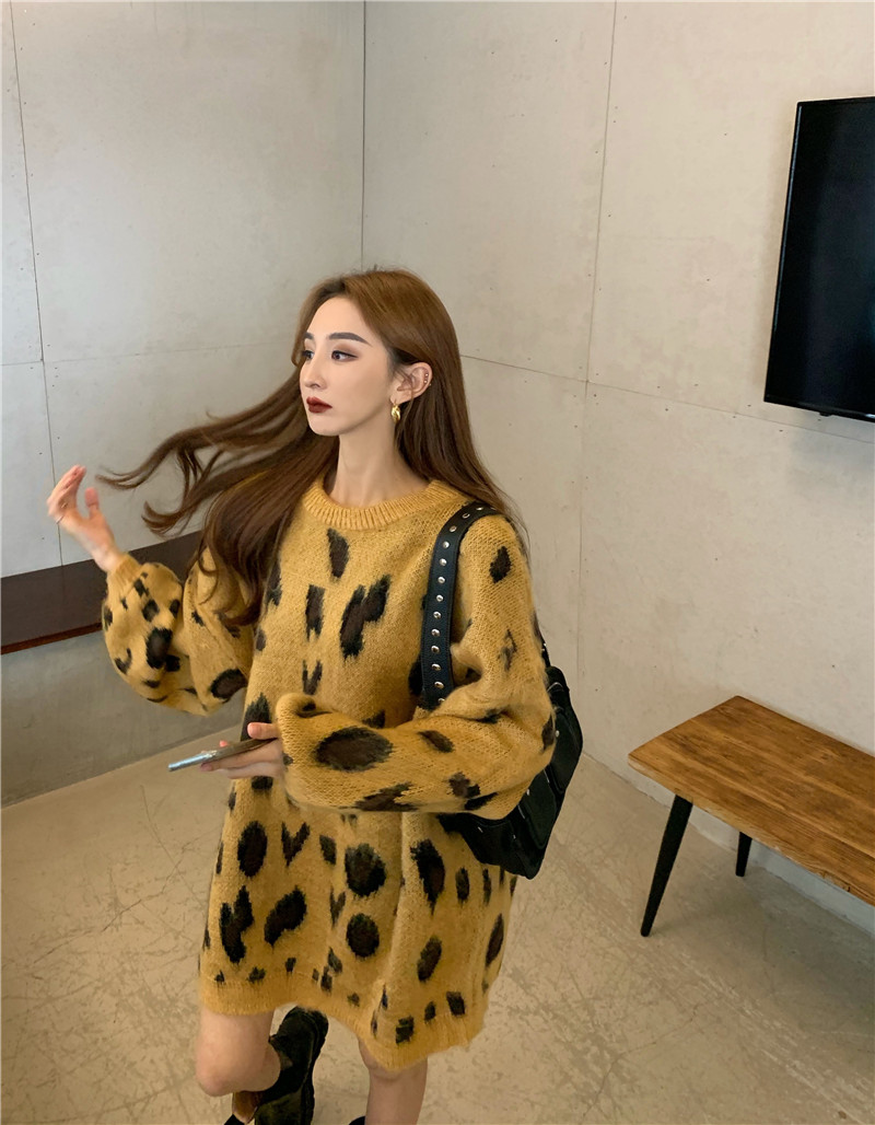 Real shot real price retro leopard season new loose crew Pullover T-shirt jacket