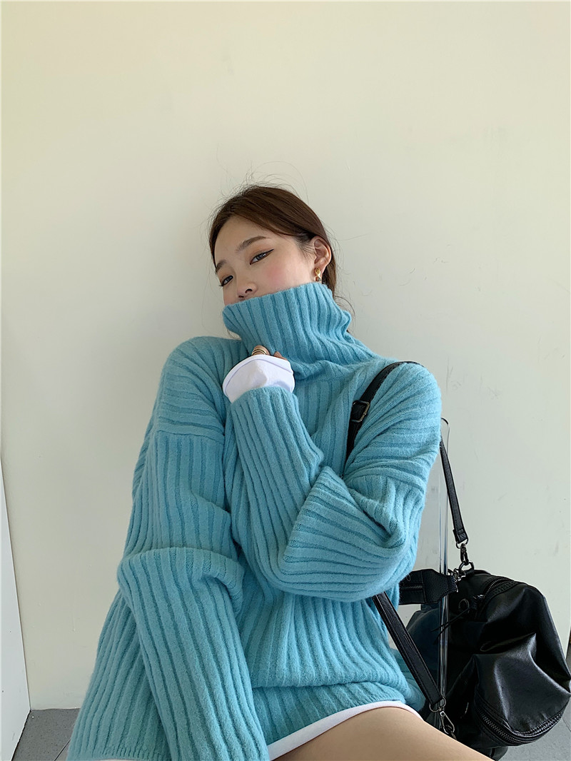 Real shot real price no less loose lazy high collar medium length knitting sweater + white T-shirt