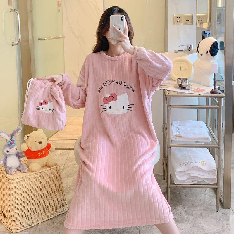 珊瑚绒睡裙女秋冬加厚法兰绒可爱宽松大码孕妇睡衣胖MM加肥中长款