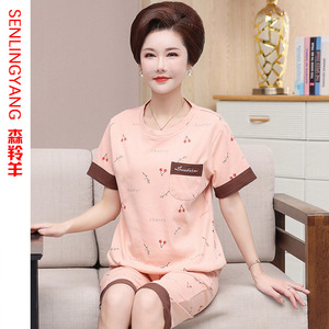 中年妈妈夏季短袖七分裤纯棉睡衣薄款女士夏天可外穿半袖中裤套装