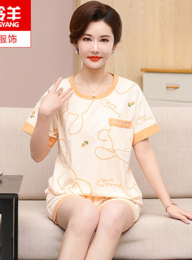 中年女式纯棉半袖短裤睡衣薄款夏
