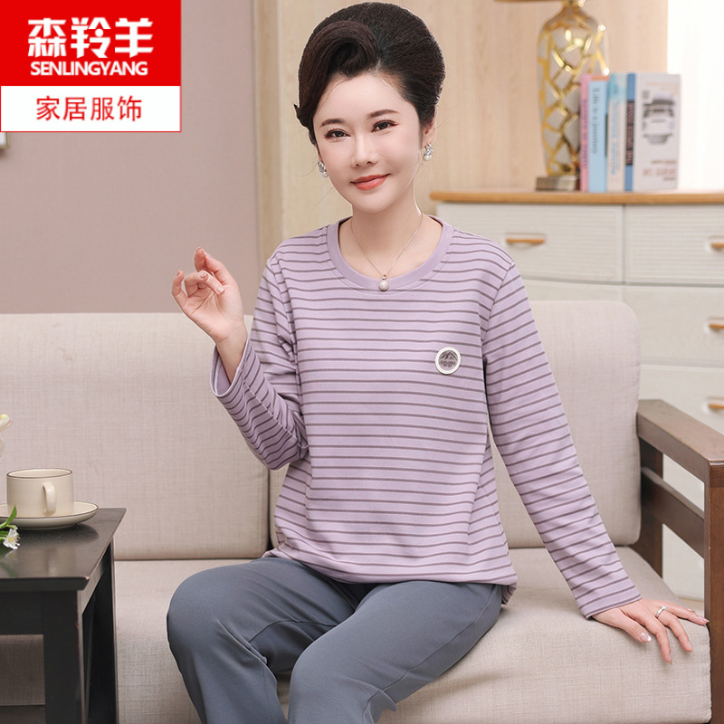 中年妈妈纯棉睡衣女休闲长袖大码春秋薄款高级感家居服套装可外穿
