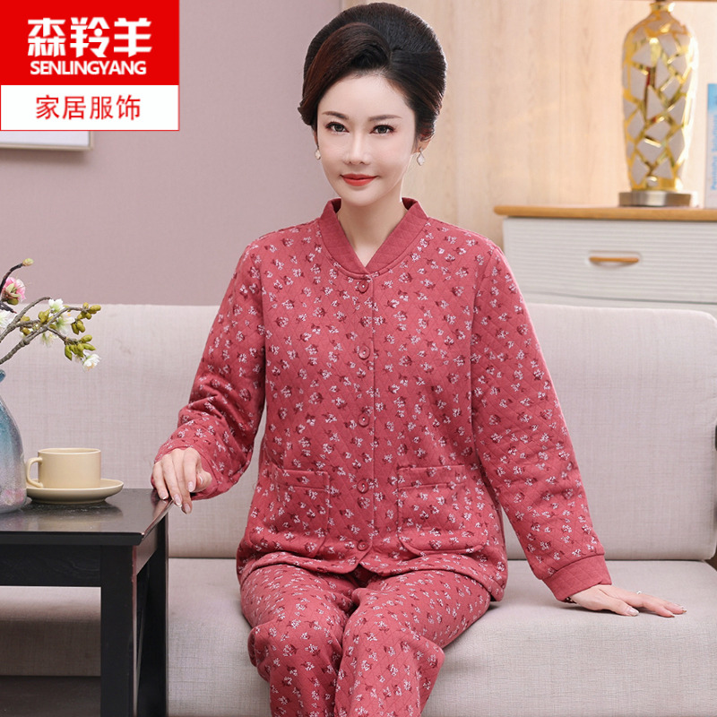 女士薄夹棉中年妈妈睡衣夹层套装