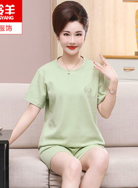 夏天中年女士纯棉短袖短裤睡衣女