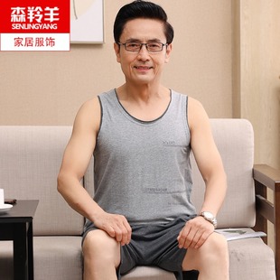 短裤 夏季 纯棉睡衣薄款 男士 爸爸加大码 家居服套装 无袖 中老年人男式