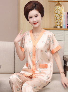 夏季薄款睡衣女真丝短袖长裤中年女士冰丝薄款家居服妈妈丝绸套装
