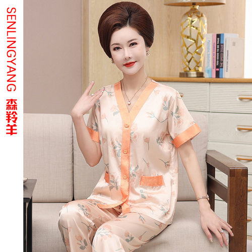 夏天妈妈仿真丝绸可外穿短袖睡衣