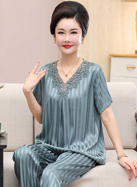 中年妈妈夏季丝绸短袖休闲睡衣