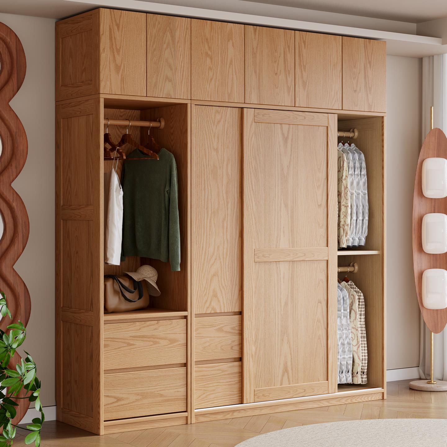 天坛家具实木衣柜白蜡木推拉门衣柜家用卧室原木风现代简约衣橱移