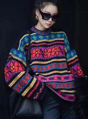 复古提花慵懒风高级感套头毛衣女24年秋冬新款宽松针织衫圆领上衣