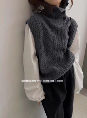高级感韩版拼接假两件毛衣高领毛衣女2023秋冬新款宽松针织衫上衣