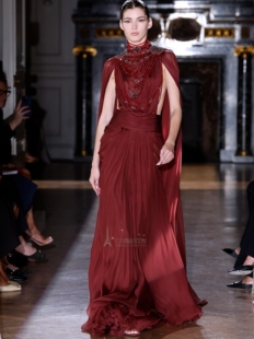 zuhairmurad酒红色水晶流苏出门纱 新娘华丽鱼尾婚纱敬酒迎宾礼服