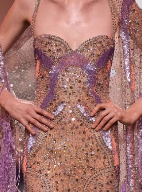 紫色薰衣草藤蔓水晶流苏礼服长裙 新娘鱼尾婚纱敬酒主持演出订婚