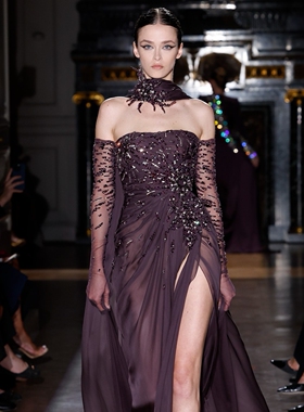 eliesaab优雅紫色烟花钻绣晚礼服 新娘鱼尾婚纱敬酒订婚主持演出