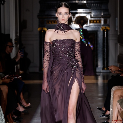 eliesaab优雅紫色烟花钻绣晚礼服 新娘鱼尾婚纱敬酒订婚主持演出