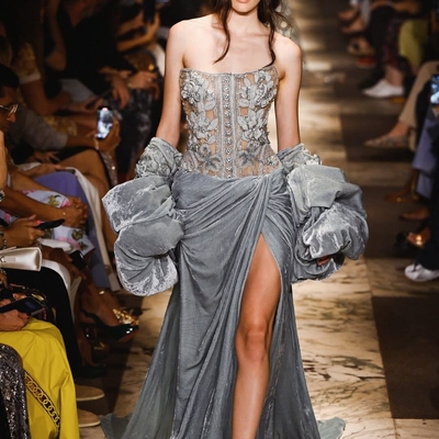 eliesaab奶油马卡龙复古宫廷风晚礼服长裙 高贵丝绒鱼尾婚纱订婚