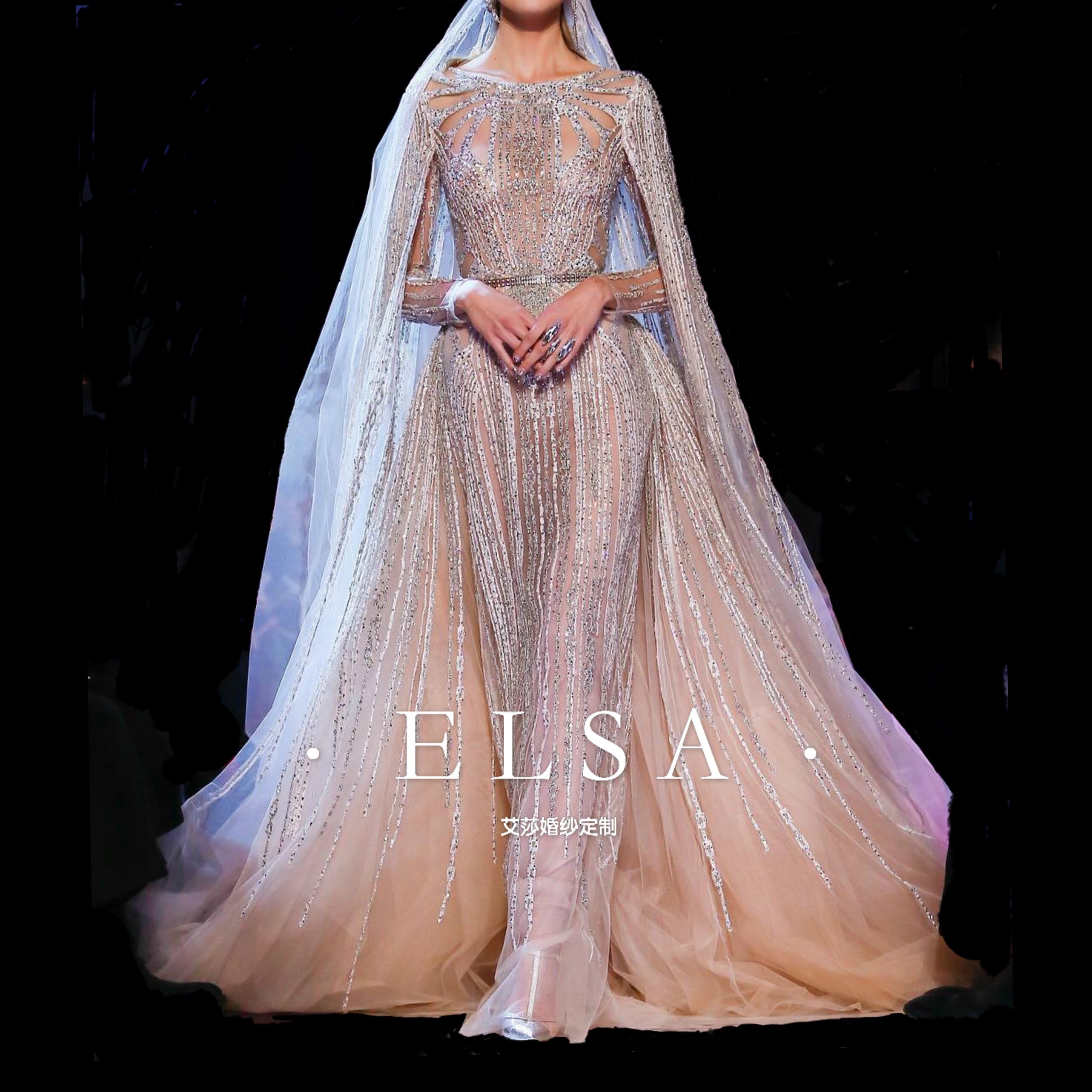 Elie saab走秀款重工刺绣婚纱 女王范水钻披肩鱼尾长拖尾婚纱1