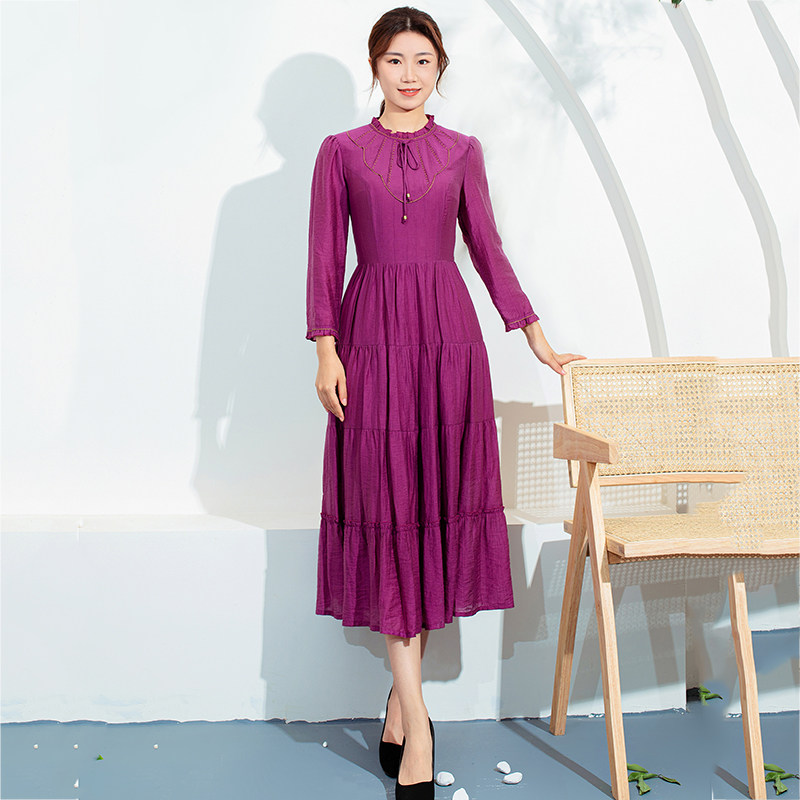 春秋新款红镯子长袖连衣裙纯棉碎花木耳领圆领气质百搭高腰显瘦