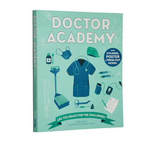 英文原版 Doctor Academy 医学院 职业启蒙系列小学STEM科普体系 附赠医学内容大图 人体 医疗器械 纸模型 贴纸卡片亲子互动游戏书