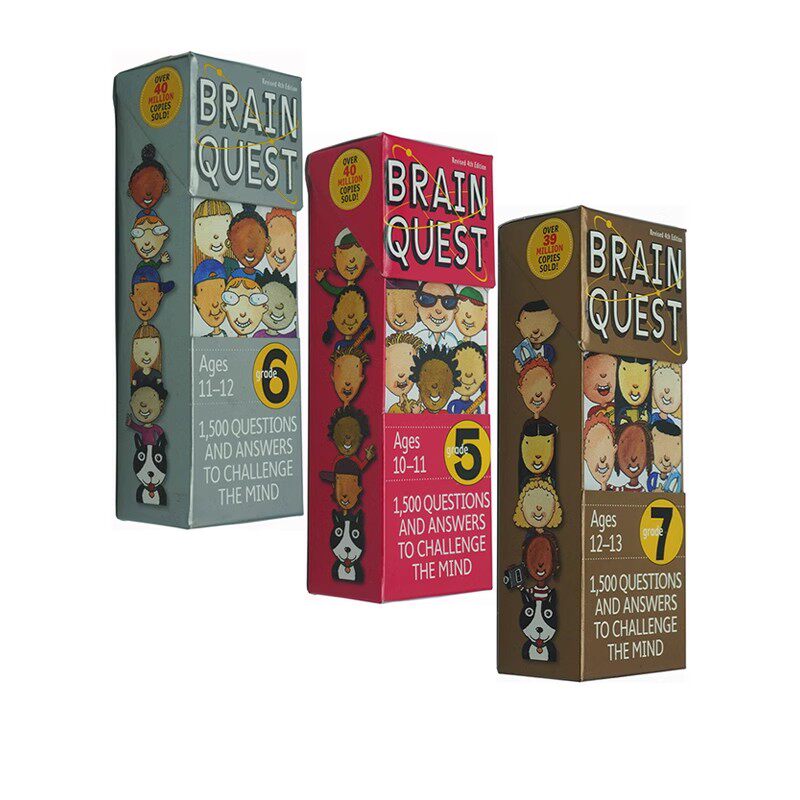 英文原版 Brain Quest Grade 5-7 大脑任务10-13岁 智力开发卡片书 3盒 亲子智力教育互动问答学习 小学生全科练习