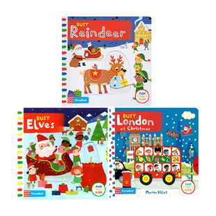 英文原版 Campbell Busy系列 Busy Santa/Elves 3册 春节新年圣诞节 节日套装 纸板机关操作书 边玩边学 亲子互动游戏书
