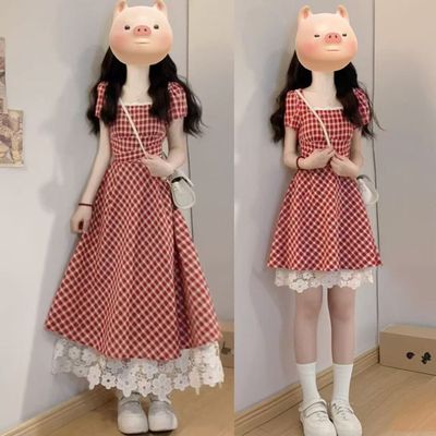 法式格子A字裙蕾丝拼接连衣裙子