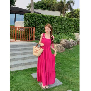 三亚旅游海边度假沙滩长裙子 夏日多巴胺火龙果色吊带连衣裙女夏季