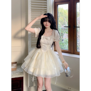 法式甜美公主裙夏季蝴蝶结小个子气质泡泡短款连衣裙蓬蓬裙收腰女