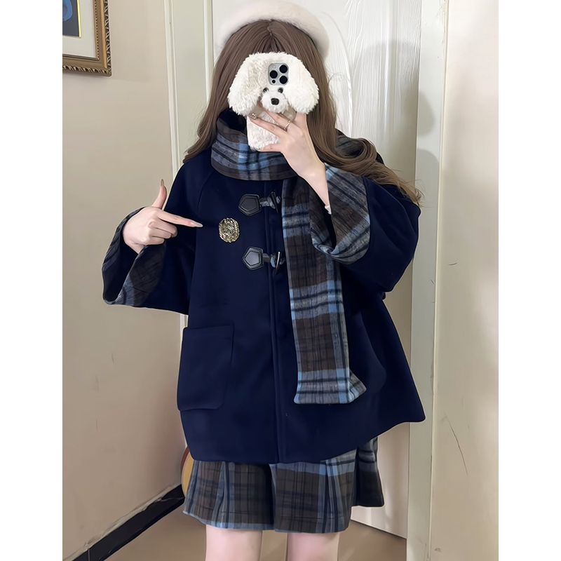 学院风牛角扣毛呢外套百褶裙套装