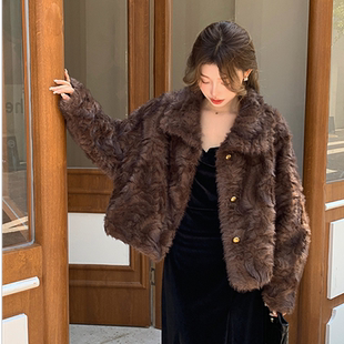 立领环保小湖羊皮毛一体托卡洋气女短款小个子仿皮草外套毛毛上衣