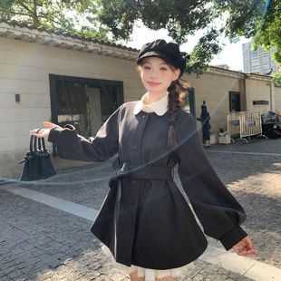秋冬厚款毛呢连衣裙女灯笼袖圆领系带高级感小个子呢子外套大衣