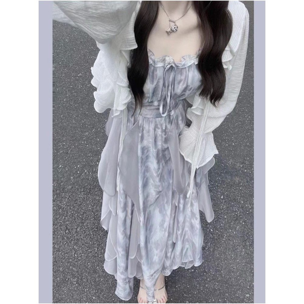 灰蓝色扎染吊带连衣裙清冷感超仙仙女裙+绑带薄防晒开衫套装夏季,女装/女士精品,时尚套装,淘宝优惠券,粉丝福利购,淘宝优惠卷