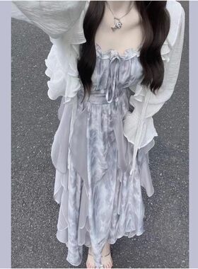 扎染吊带连衣裙超仙绑带防晒开衫