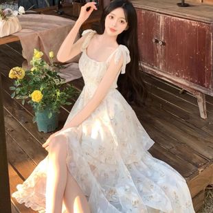 法式 茶歇裙 初恋甜美碎花吊带连衣裙女2025夏季 不规则拖尾仙女无袖